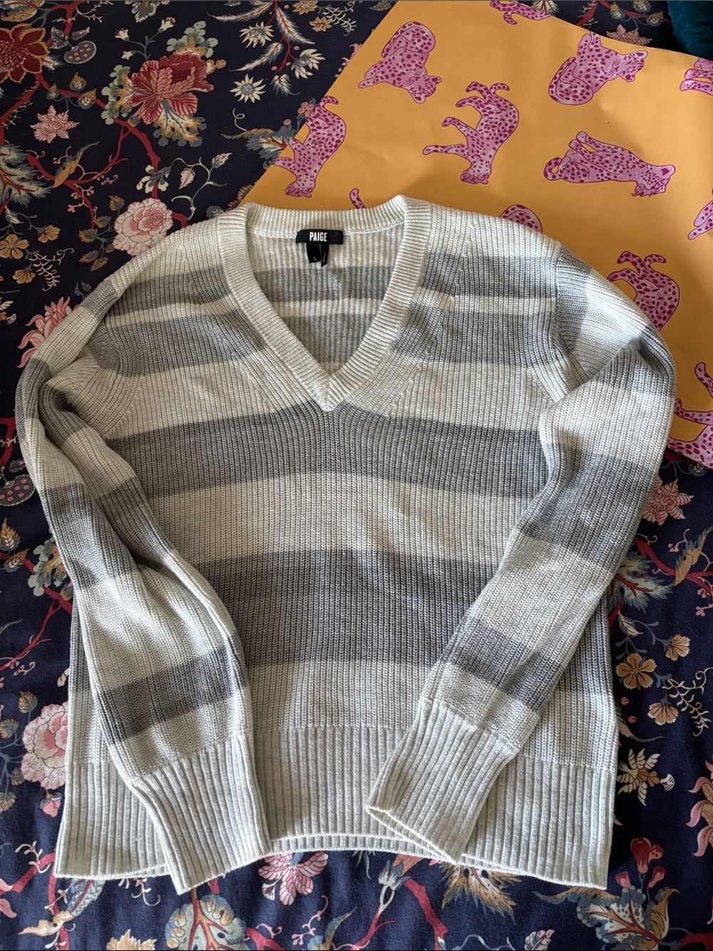 PAIGE Women's White and Gray Striped V-Neck Sweater